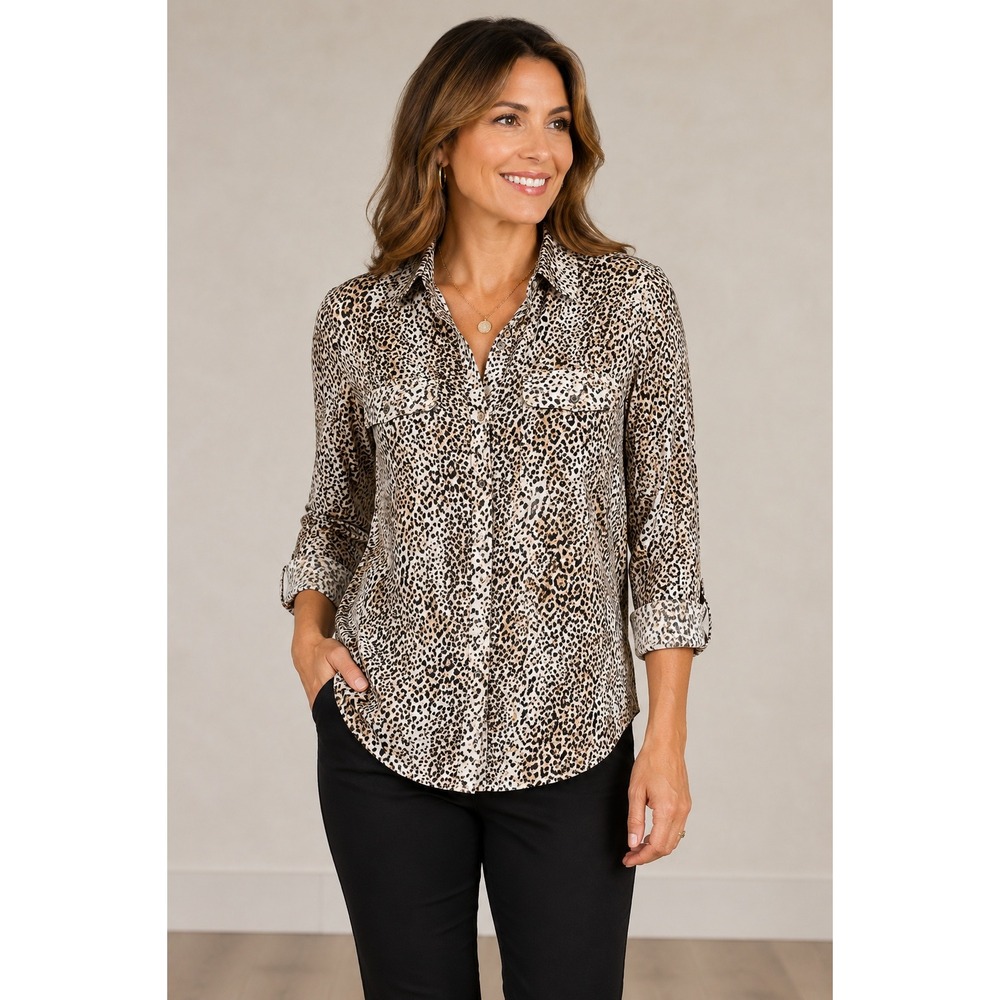 Chico's Leopard Print Button Down Blouse Womens Size 1 Medium Animal Print
